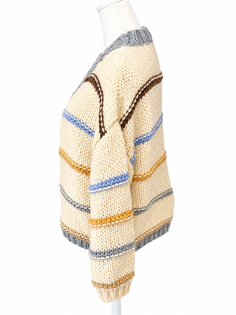Vici Cream Chunky Cardigan with Gray Trim and Blue, Brown & Mustard Stripes - Picture 2 of 3